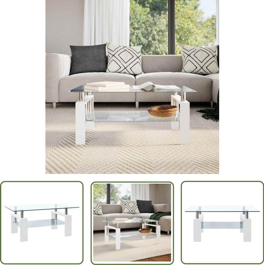 The Living Store Salontafel gehard glas melamine poten 95x55x40cm wit en transparant Salontafel Glas Tafellaar Modern Meubilair Tv Stand Living Room Furniture - Foto 3