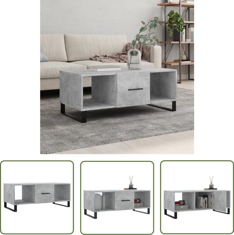 The Living Store Salontafel Betongrijs 102 x 50 x 40 cm Bewerkt hout en ijzer Salontafel Bijzettafel Houten Salontafel Beton Grijze Salontafel Met Lade