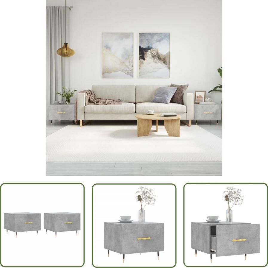 The Living Store Salontafels 2 st 50x50x40 cm bewerkt hout betongrijs Salontafel Beton Look Bijzettafel Koffietafel Houten Salontafel - Foto 3