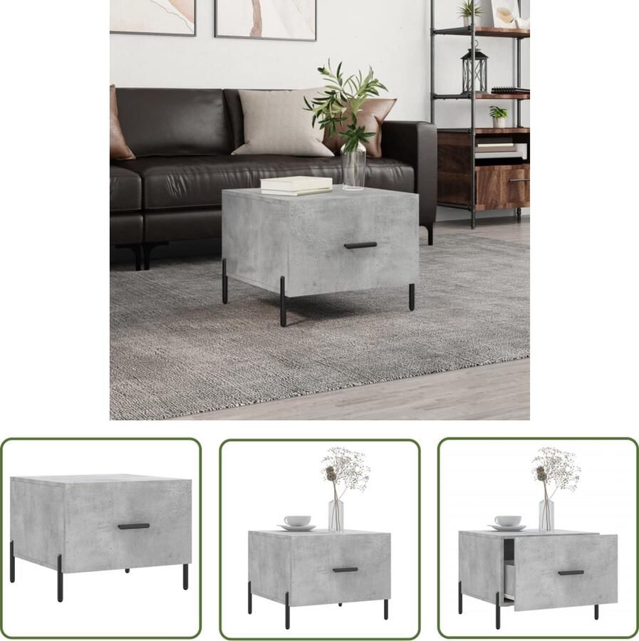 The Living Store Salontafel betongrijs 50 x 50 x 40 cm lade bewerkt hout en ijzer Salontafel Bijzettafel Houten Salontafel Grijze Salontafel Betonnen Salontafel - Foto 2