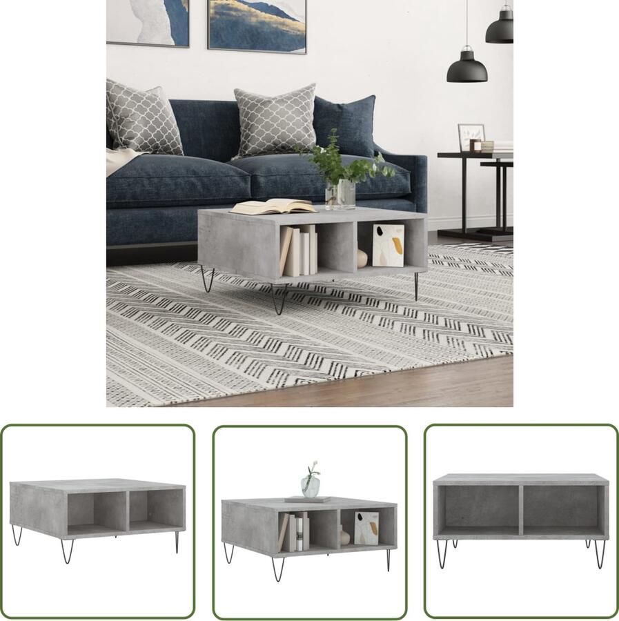 The Living Store Salontafel Betongrijs 60x60x30 cm Bewerkt hout en ijzer 4 vakken