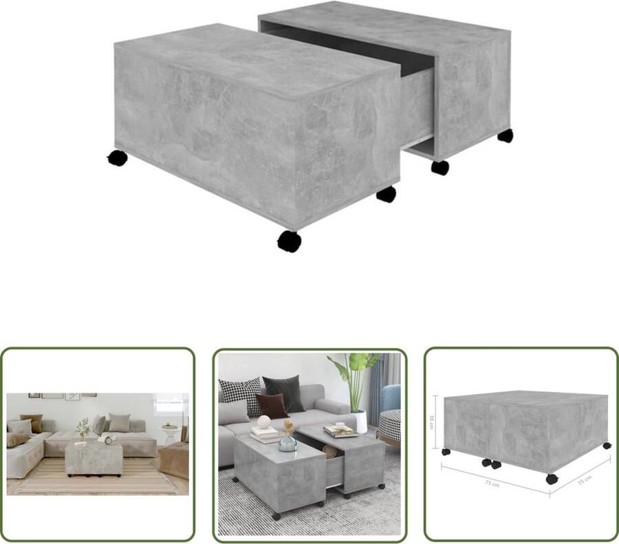 The Living Store Salontafel Betongrijs 75x75x38 cm Uitschuifbaar