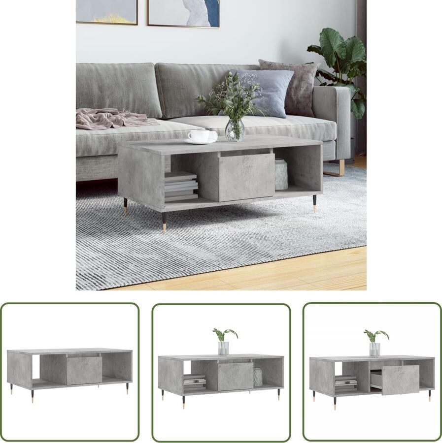 The Living Store Salontafel Betongrijs 90 x 50 x 36.5 cm Bewerkt hout en metaal Salontafel Beton Look Houten Salontafel Bijzettafel Living Room Furniture - Foto 3