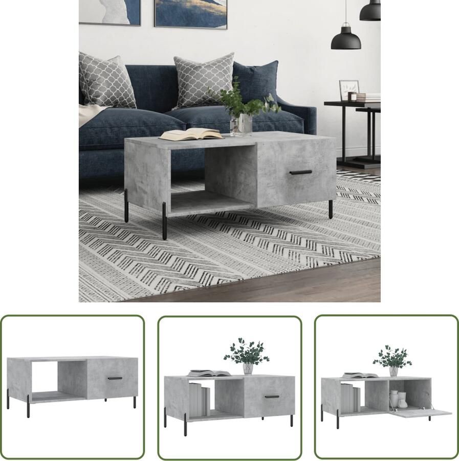 The Living Store Salontafel betongrijs 90 x 50 x 40 cm bewerkt hout en ijzer Salontafel Bijzettafel Houten Salontafel Grijze Salontafel Moderne Salontafel - Foto 2