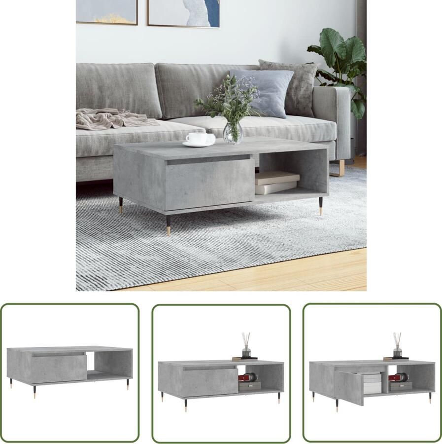 The Living Store Salontafel Betongrijs 90 x 60 x 35 cm Bewerkt hout en ijzer Salontafel Beton Grijs Houten Salontafel Metalen Salontafel Bijzettafel - Foto 3