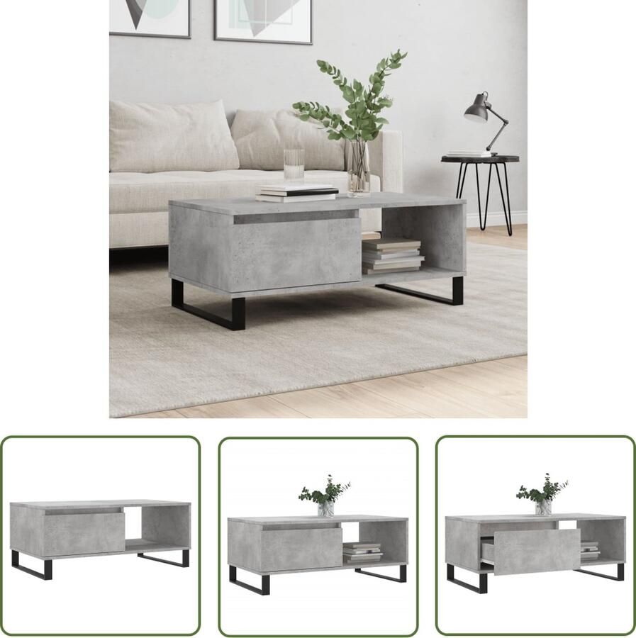 The Living Store Salontafel Betongrijs 90x50x36.5cm Bewerkt Hout en Metaal Salontafel Beton Grijs Houten Salontafel Bijzettafel Living Room Furniture - Foto 2