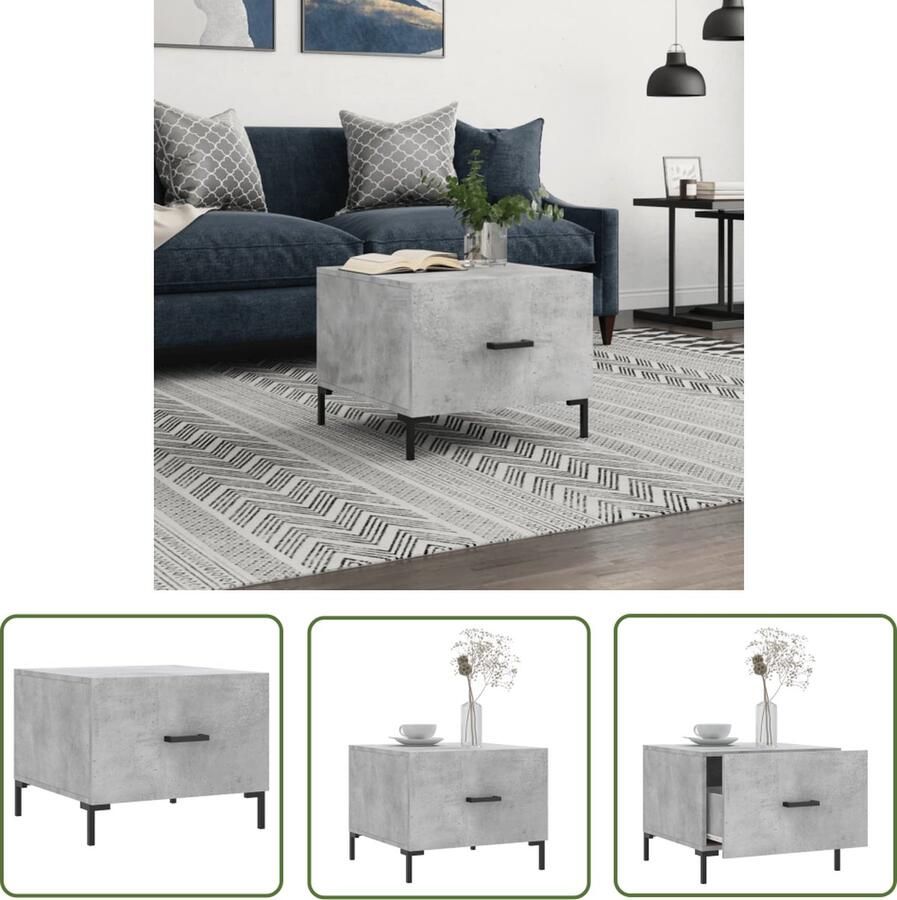 The Living Store Salontafel Betongrijs Bewerkt hout en ijzer 50x50x40 cm Met lade Salontafel Beton Grijs Houten Salontafel Bijzettafel Lage Tafel - Foto 3