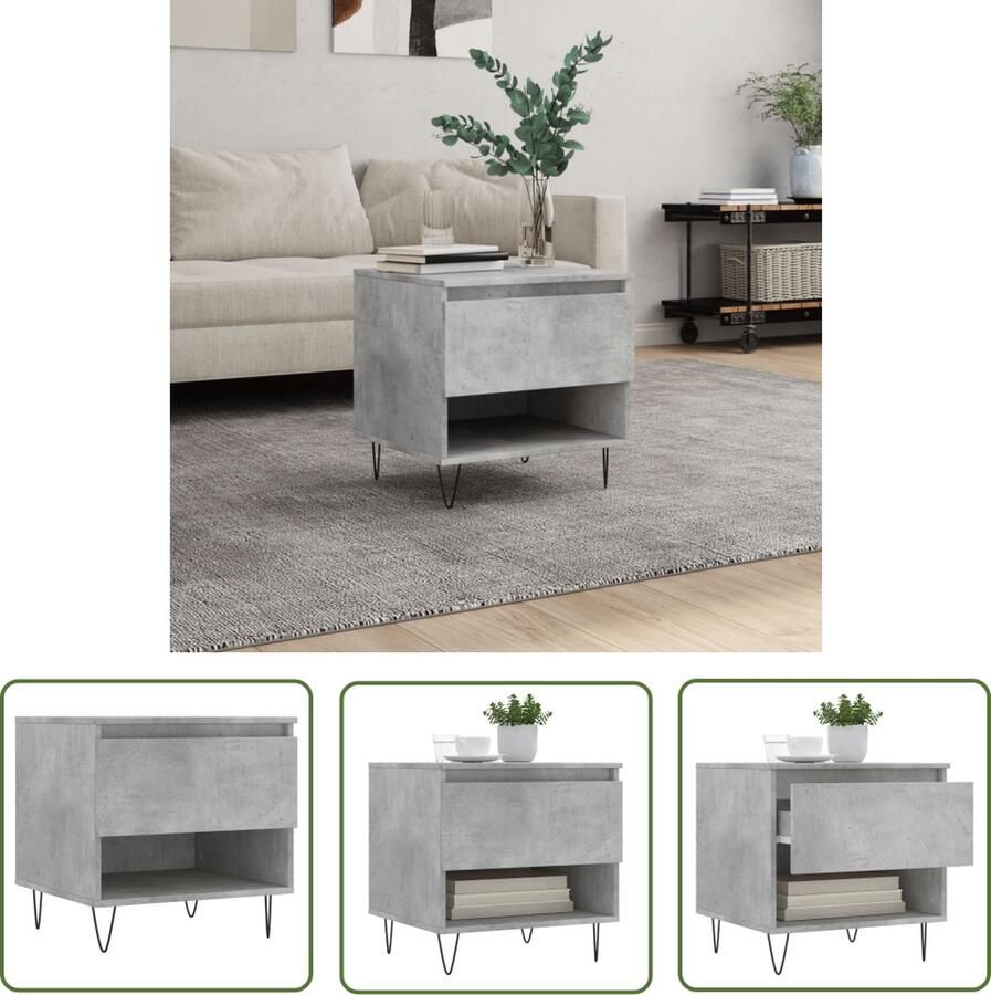 The Living Store Salontafel Betongrijs Bewerkt hout en metaal 50 x 46 x 50 cm Met lade en opbergruimte Salontafel Beton Grijs Houten Salontafel Bijzettafel Design Tafel - Foto 3