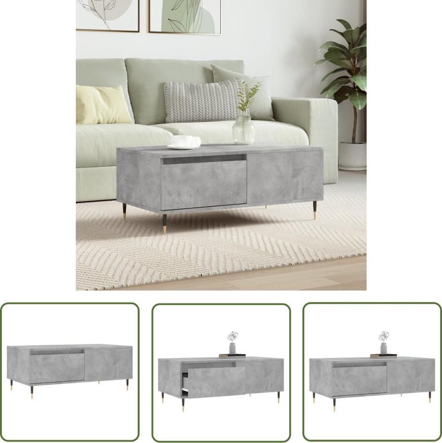 The Living Store Salontafel Betongrijs Bewerkt Hout en Metaal 90 x 50 x 36.5 cm Laden Stevig Tafelblad Metalen Poten Salontafel Bijzettafel Houten Tafel Beton Grijs Modern Meubilair - Foto 3
