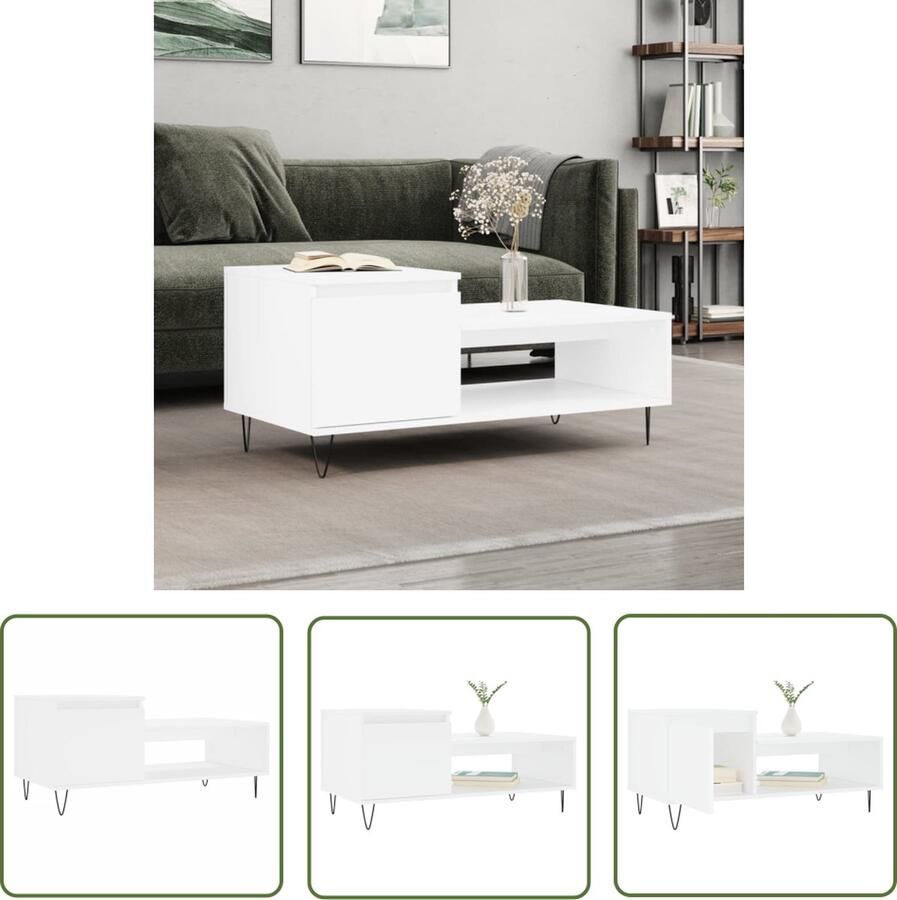 The Living Store Salontafel Bewerkt hout 100 x 50 x 45 cm Wit Salontafel Houten Salontafel Wit Salontafel Bijzettafel Tv Tafeltje - Foto 2