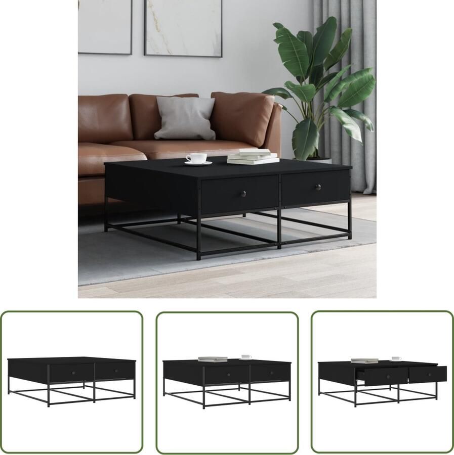 The Living Store Salontafel Bewerkt Hout 100 x 99 x 40 cm 2 Lades Zwart Salontafel Houten Salontafel Zwarte Salontafel Met Lade Bijzettafel - Foto 2