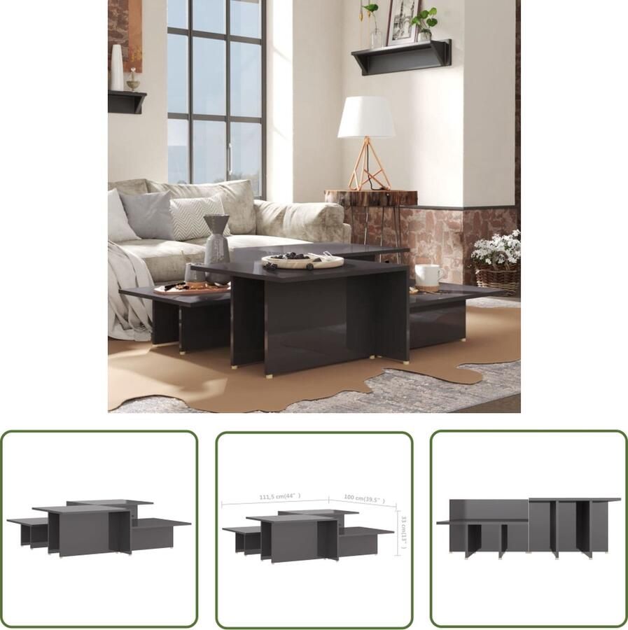 The Living Store Salontafels 2 st 111-5x50x33 cm bewerkt hout hoogglans grijs Tafel - Foto 2