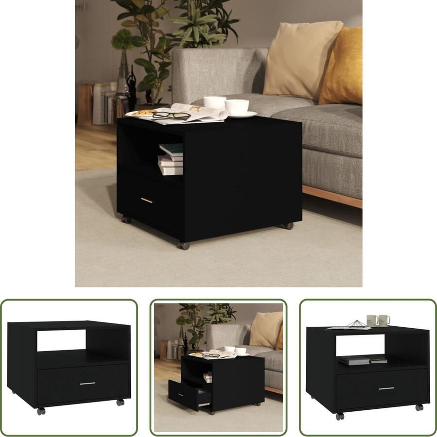 The Living Store Salontafel Bewerkt Hout 55 x 55 x 40 cm 360Â° Draaibare Wielen Opbergruimte Zwart - Foto 2