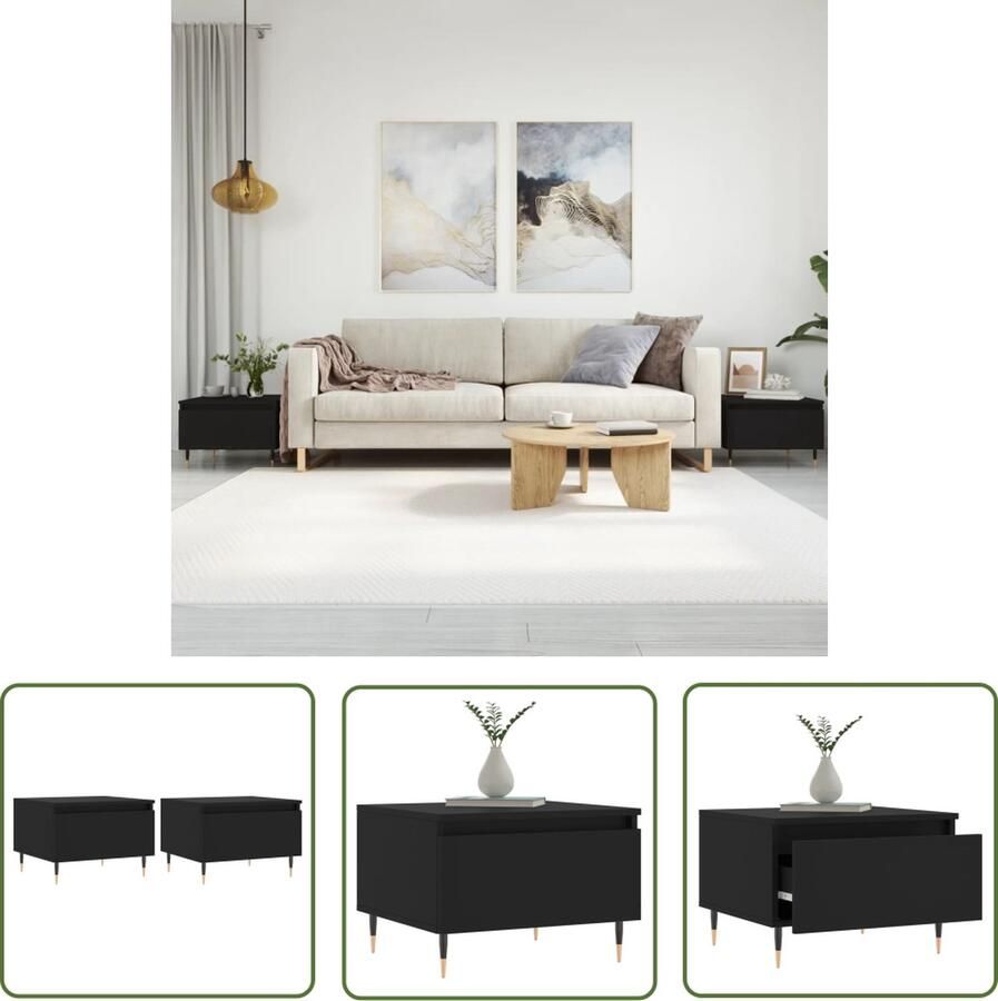 The Living Store Salontafel Bewerkt Hout Bijzettafel met Lade Stevig Tafelblad Metalen Poten Zwart 50 x 46 x 35 cm Set van 2 Salontafel Bijzettafel Zwarte Salontafel Houten Salontafel Modern Design - Foto 2