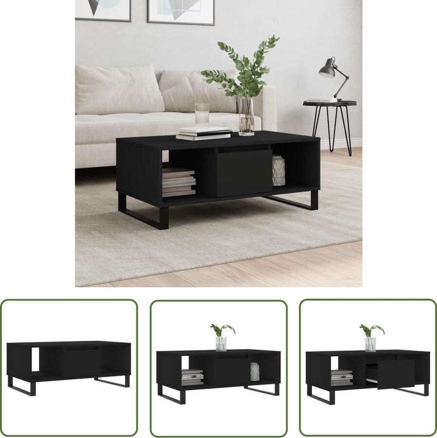 The Living Store Salontafel Hout 90 x 50 x 36.5 cm Met lade en opbergruimte Zwart Salontafel Houten Salontafel Zwarte Salontafel Salontafeltje Bijzettafel - Foto 3