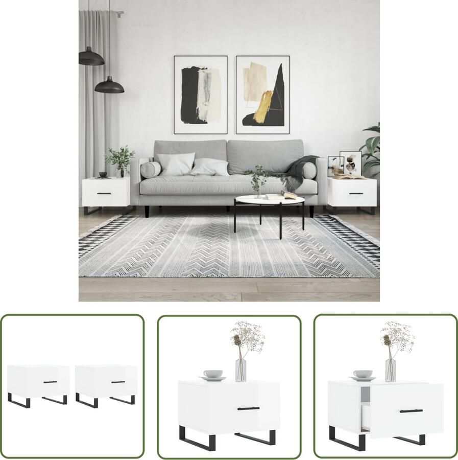 The Living Store Salontafels 2 st 50x50x40 cm bewerkt hout hoogglans wit Salontafel Bijzettafel Koffietafel Houten Salontafel Witte Salontafel - Foto 2