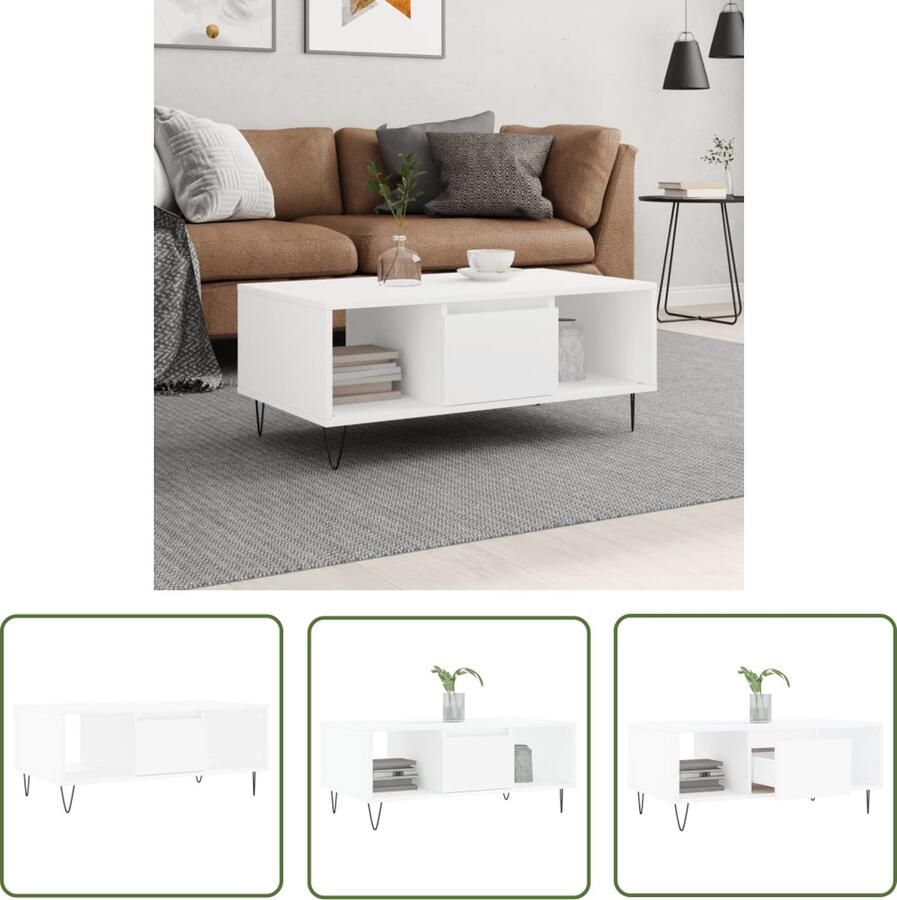 The Living Store Salontafel Bijzettafel 90 x 50 x 36.5 cm Wit Bewerkt Hout en Metaal Salontafel Bijzettafel Houten Tafel Witte Tafel Modern Tafellamp - Foto 2