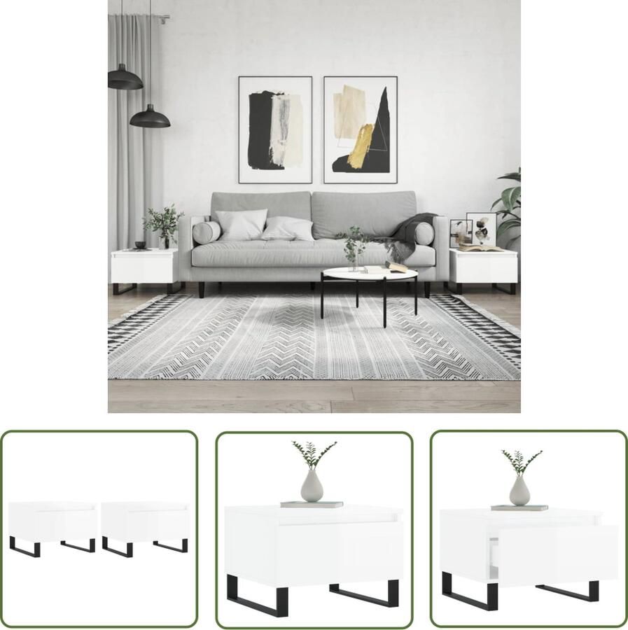 The Living Store Salontafel Bijzettafel met lade Bewerkt hout Stevig tafelblad Metalen poten Salontafel Bijzettafel Houten Tafel Witte Tafel Design Tafel - Foto 2