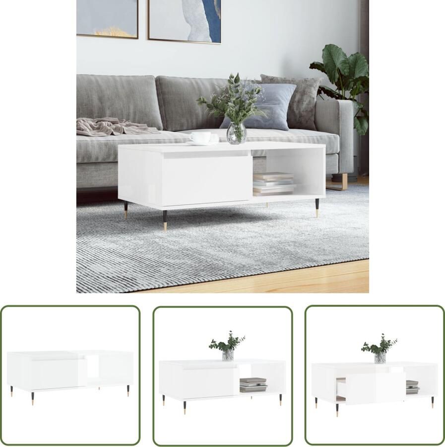 The Living Store Salontafel 90x50x36 5 cm bewerkt hout hoogglans wit Salontafel Bijzettafel Houten Tafel Hoogglans Wit Living Room Furniture - Foto 2