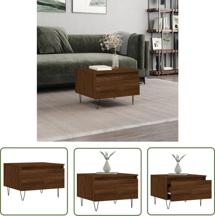 The Living Store Salontafel Bruineiken 50 x 46 x 35 cm Met lade en metalen poten