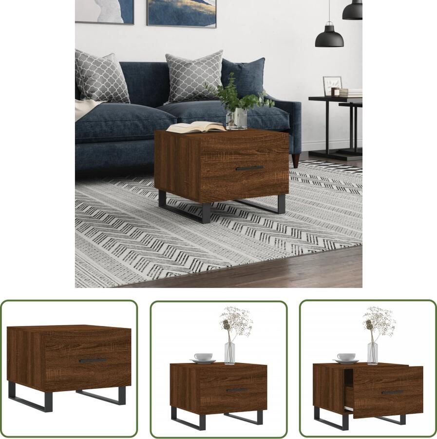 The Living Store Salontafel Bruineiken 50 x 50 x 40 cm Met lade Bewerkt hout en ijzer Salontafel Bruine Eiken Houten Salontafel Salontafeltje Bijzettafel - Foto 2