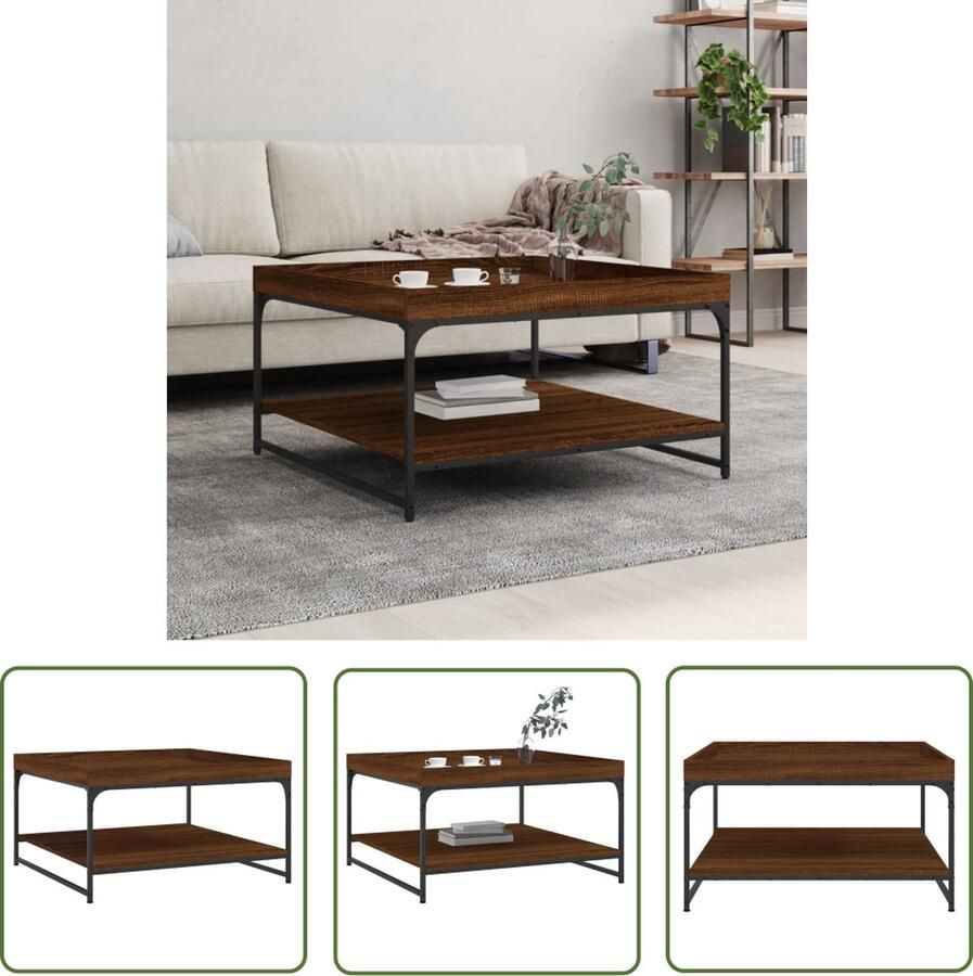 The Living Store Salontafel 80x80x45 cm bewerkt hout en ijzer bruin eikenkleur Salontafel Houten Salontafel Bruine Salontafel Bijzettafel Living Room Furniture - Foto 2