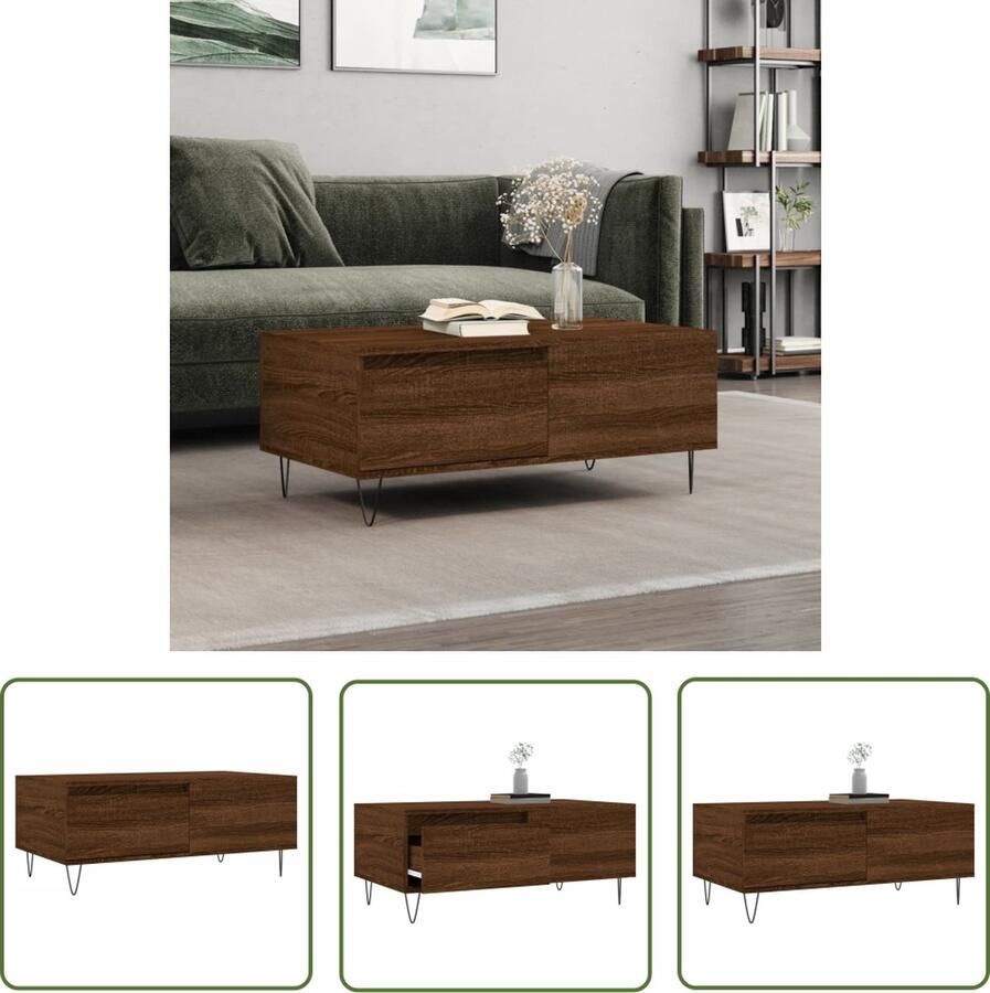 The Living Store Salontafel Bruineiken 90 x 50 x 36.5 cm Bewerkt hout en metaal Salontafel Bruine Eiken Meubilair Houten Salontafel Bijzettafel Tv Tafeltje - Foto 2