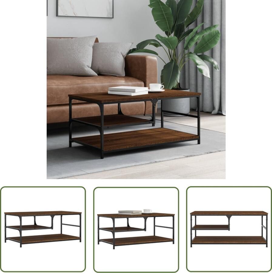 The Living Store Salontafel Bruineiken 90x49x40 cm Bewerkt hout en metaal Salontafel Houten Salontafel Bruine Eiken Salontafel Bijzettafel Living Room Furniture - Foto 2