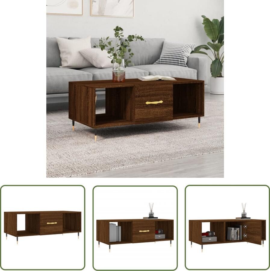The Living Store Salontafel Bruineiken Houten bijzettafel met 3 vakken 102 x 50 x 40cm Stevig tafelblad Praktische deur IJzeren poten Salontafel Bijzettafel Houten Tafel Bruine Meubels Bruine Eiken Kleur - Foto 2