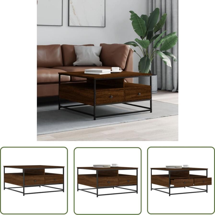 The Living Store Salontafel Eiken 80 x 80 x 45 cm Duurzaam Hout Met Lades en Schappen Salontafel Houten Salontafel Eiken Salontafel Bijzettafel Tv Tafeltje - Foto 2