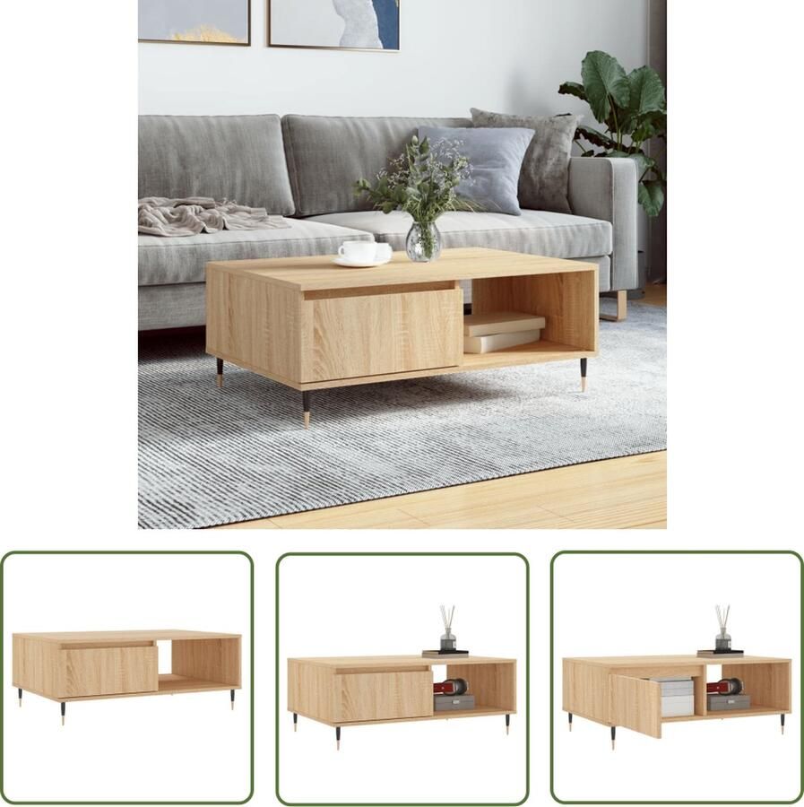 The Living Store Salontafel Eikenhout 90 x 60 x 35 cm 2 vakken Stevig Stabiel Montage vereist Salontafel Houten Salontafel Eikenhouten Salontafel Salontafeltje Bijzettafel - Foto 2