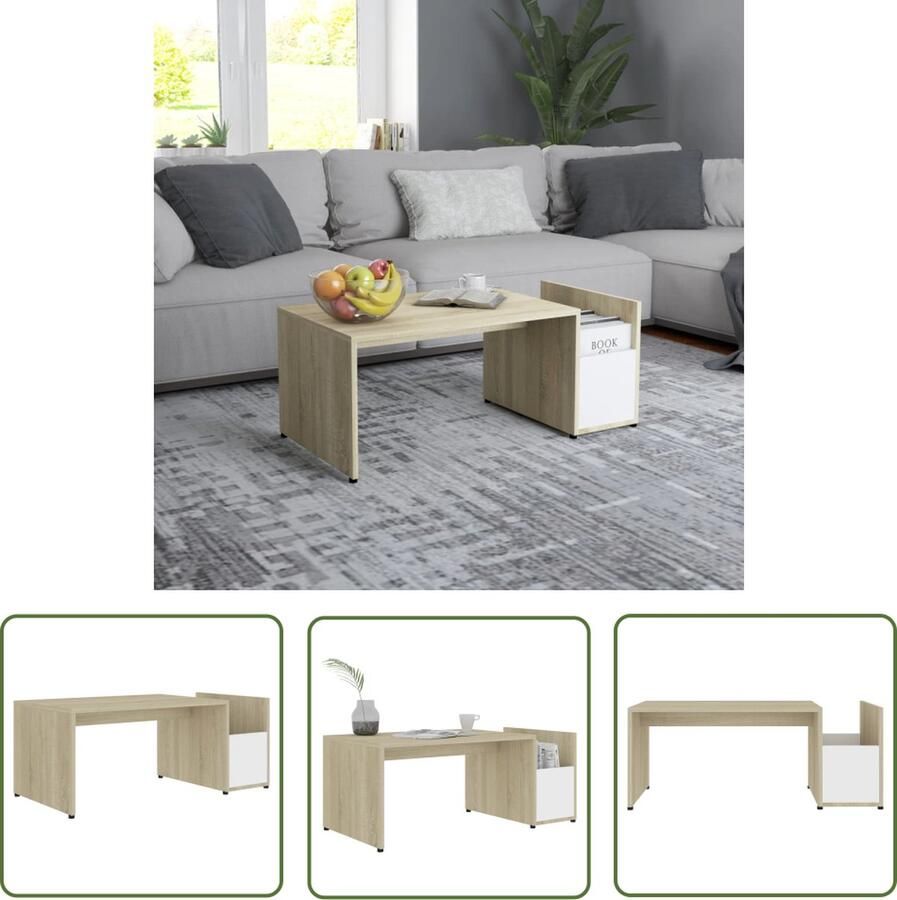 The Living Store Salontafel Geometrisch 90 x 45 x 35 cm Wit Sonoma Eiken