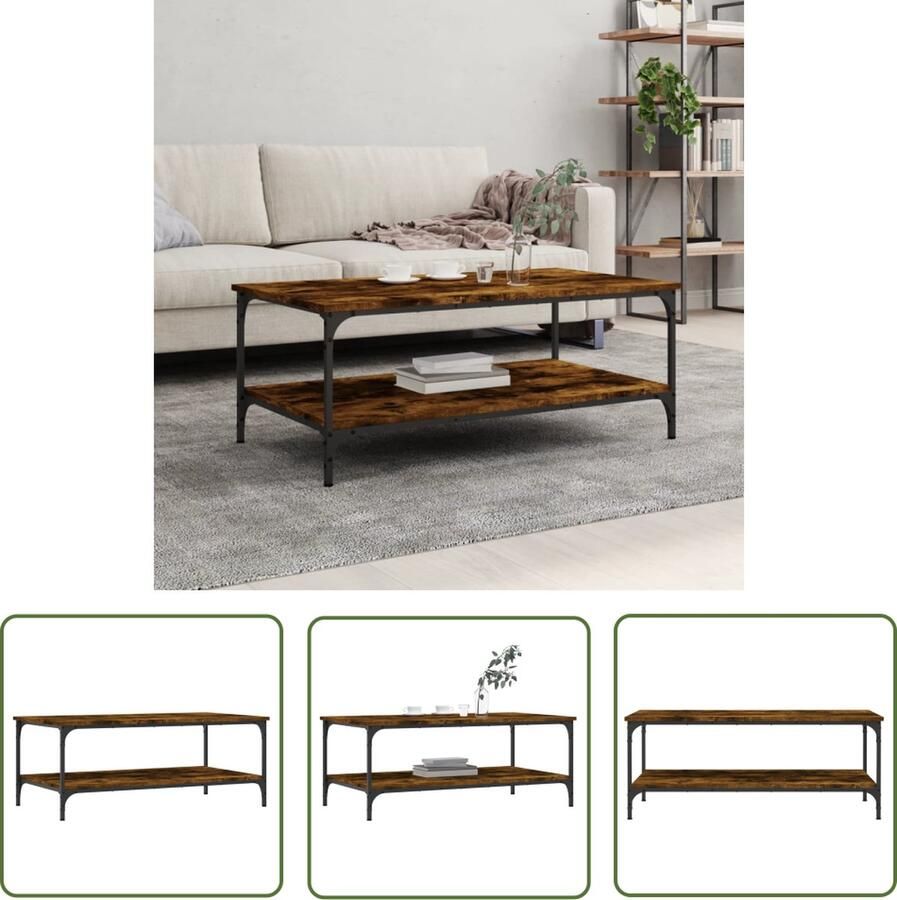 The Living Store Salontafel Gerookt Eiken 100 x 55 x 40 cm Bewerkt Hout Ijzer Salontafel Houten Salontafel Bruine Salontafel Gerookte Eiken Salontafel Met Vakken - Foto 2