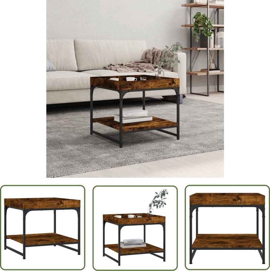 The Living Store Salontafel Gerookt eiken 49.5 x 49.5 x 45 cm Robuust houten tafelblad Stabiel metalen frame Salontafel Salontafeltje Tv Tafeltje Stoere Salontafel Robuuste Salontafel - Foto 2