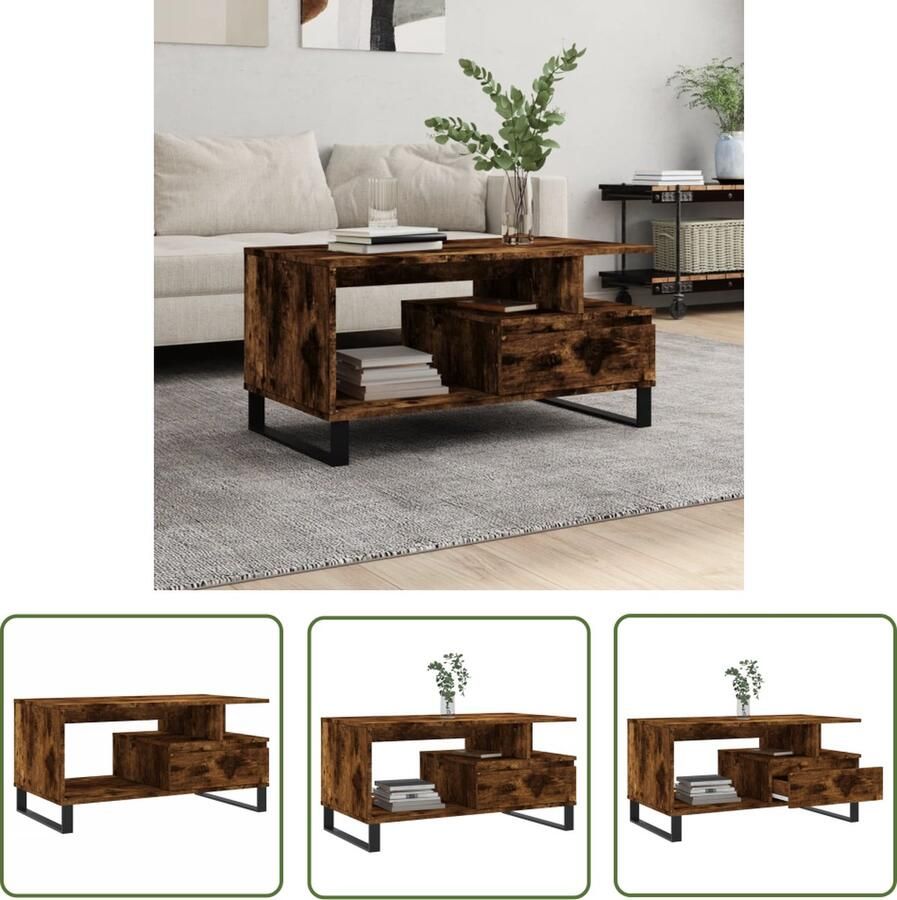 The Living Store Salontafel Gerookt eiken 90 x 49 x 45 cm Bewerkt hout en metaal Salontafel Houten Salontafel Bijzettafel Salontafeltje Koffietafel - Foto 2