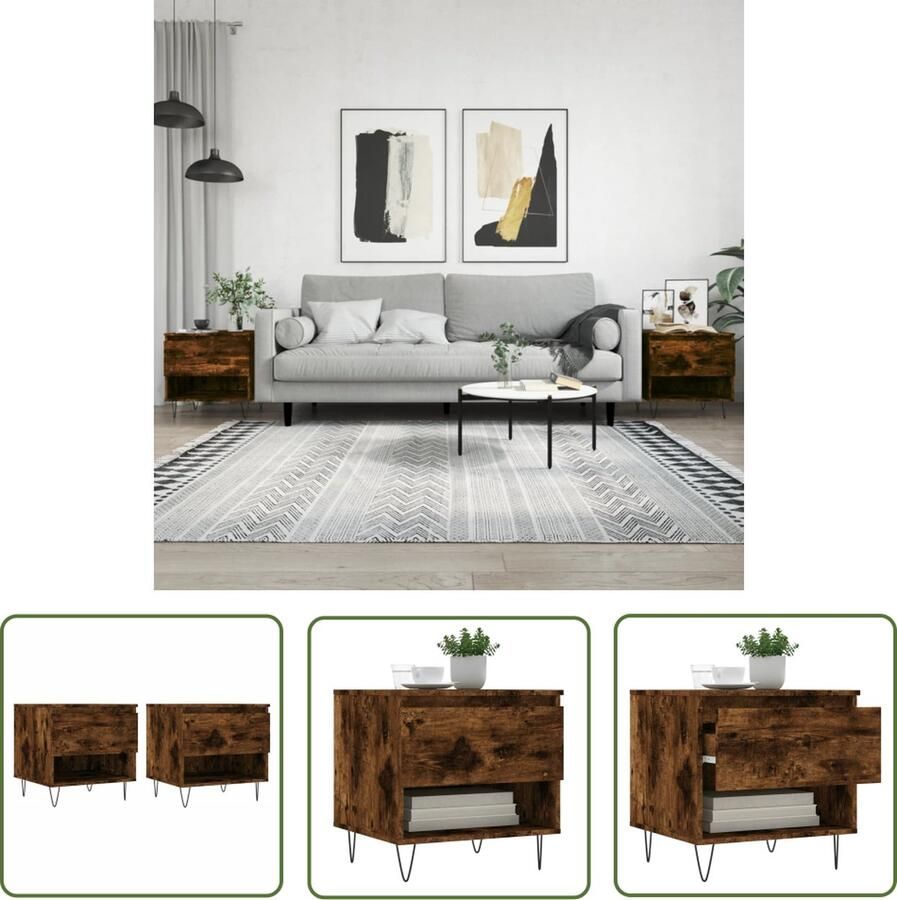 The Living Store Salontafel Gerookt Eiken Bewerkt Hout 50 x 46 x 50 cm Met Lade en Vak Metalen Poten Salontafel Bijzettafel Houten Salontafel Modern Design Bruine Salontafel - Foto 3