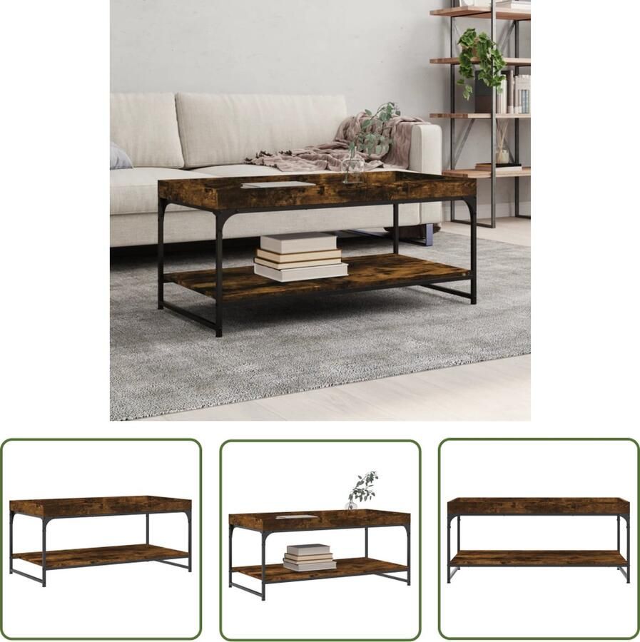 The Living Store Salontafel Gerookt Eiken Bewerkt Hout en IJzer 100 x 49 x 45 cm Salontafel Houten Salontafel Bruin Gerookte Eiken Salontafel Met Lade - Foto 2