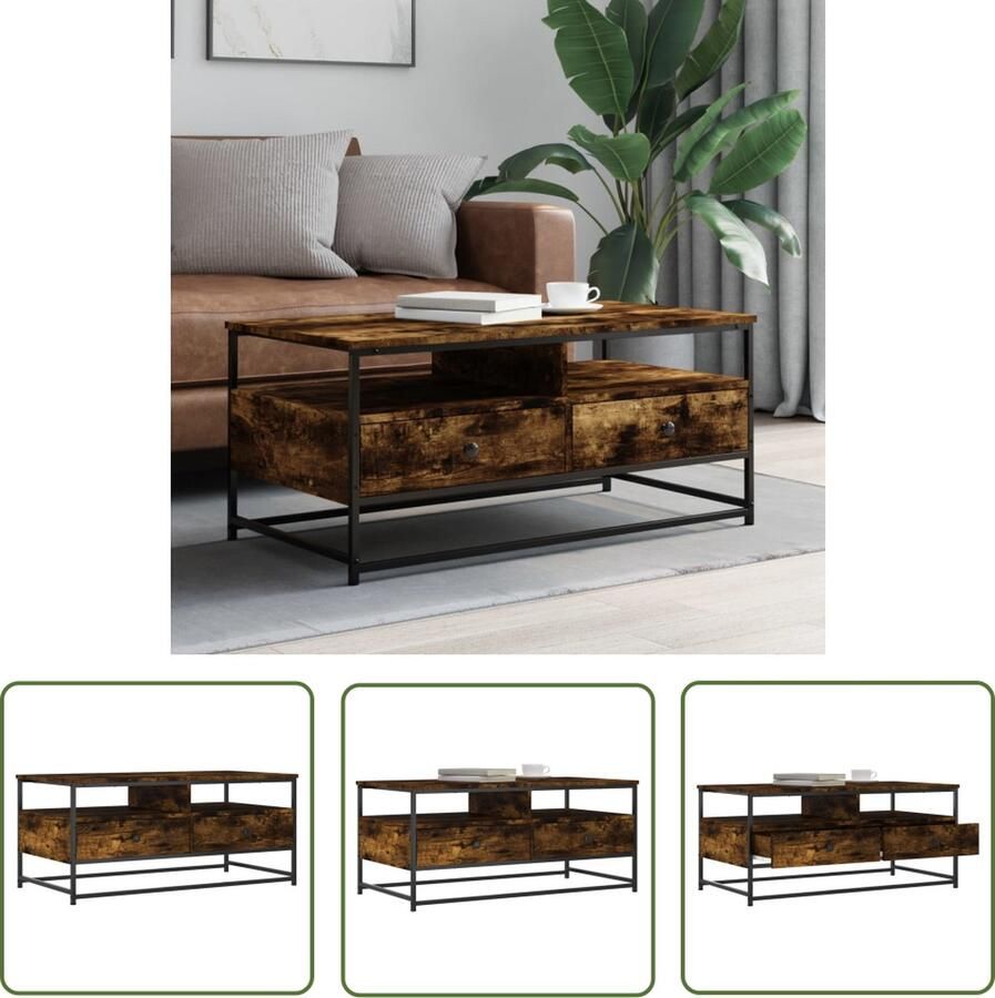 The Living Store Salontafel Gerookt Eiken Bewerkt hout en metaal 100 x 51 x 45 cm Duurzaam Veel opbergruimte Stabiel tafelblad Stevig frame Montage vereist - Foto 2