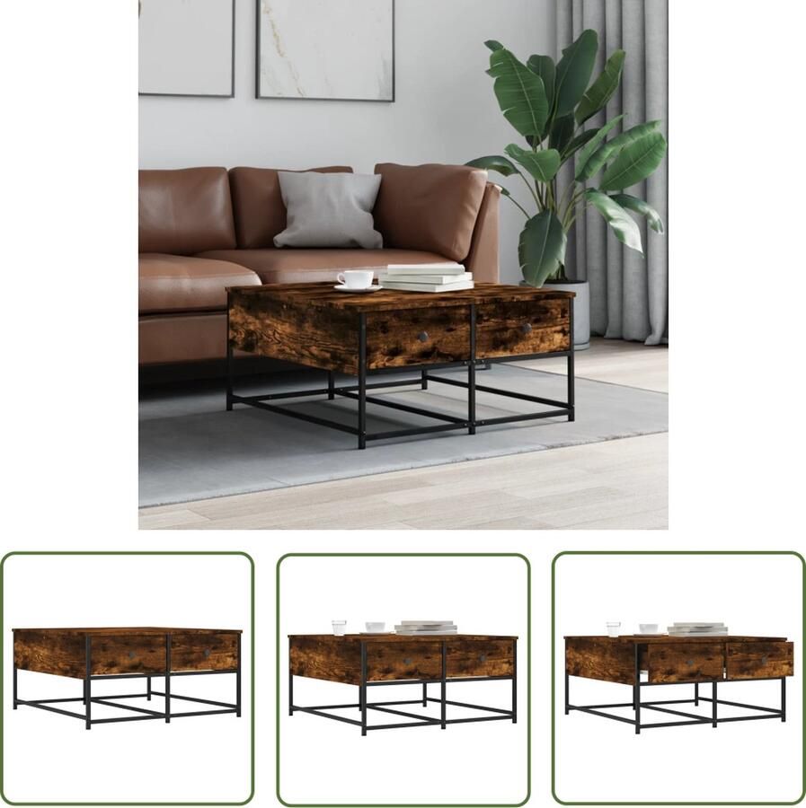 The Living Store Salontafel Gerookt Eiken Bewerkt hout en metaal 80 x 80 x 40 cm 2 lades Salontafel Houten Salontafel Gerookte Eiken Salontafel Met Lade Kleine Salontafel - Foto 2