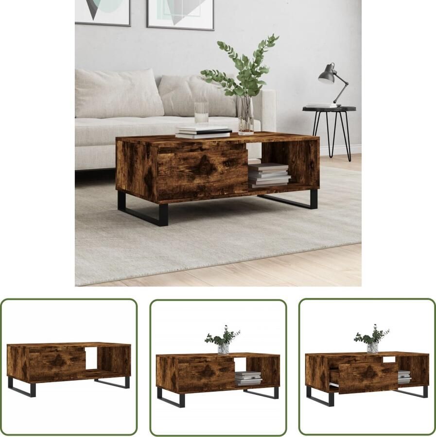 The Living Store Salontafel Gerookt Eiken Bewerkt Hout en Metaal 90x50x36.5 cm Met lade en vak Stabiel tafelblad Metalen poten Salontafel Houten Salontafel Gerookte Eiken Salontafel Met Lade Tv Tafeltje - Foto 4