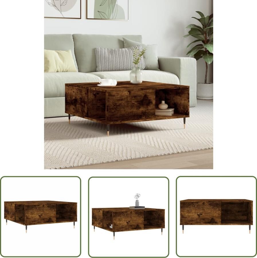 The Living Store Salontafel Gerookt Eiken Bijzettafel 80x80x36.5cm Metalen Poten