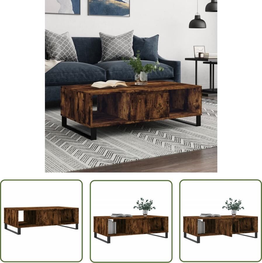 The Living Store Salontafel Gerookt Eiken Bijzettafel met 3 vakken Stabiel tafelblad IJzeren poten 104x60x35cm Montage vereist Salontafel Bijzettafel Houten Salontafel Bruine Salontafel Gerookte Eiken Salontafel - Foto 3