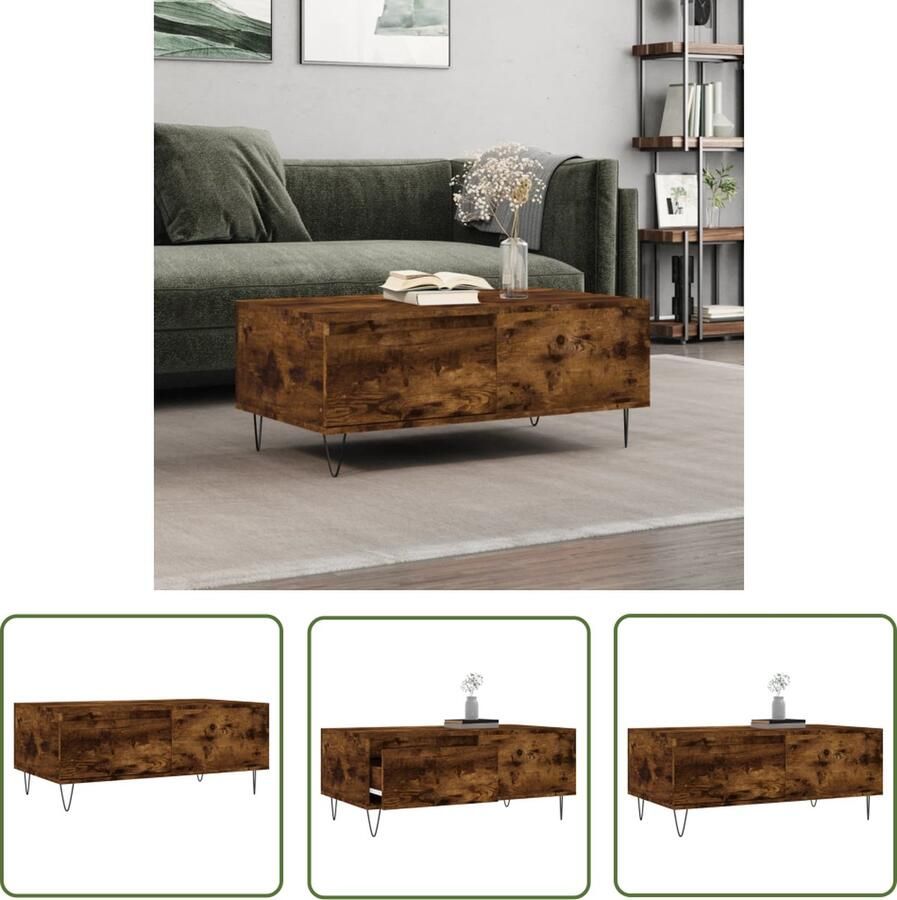 The Living Store Salontafel Gerookt Eiken Bijzettafel met Lade 90 x 50 x 36.5 cm Hout metaal Salontafel Bijzettafel Houten Salontafel Gerookte Eiken Kleur Salontafel Met Lade - Foto 2