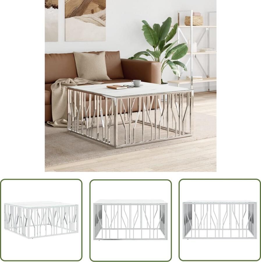 VidaXL Salontafel 100x100x50 cm roestvrij staal en glas zilverkleurig Salontafel Roestvrijstaal Glazen Tafelblad Marmereffect Zilverkleurig