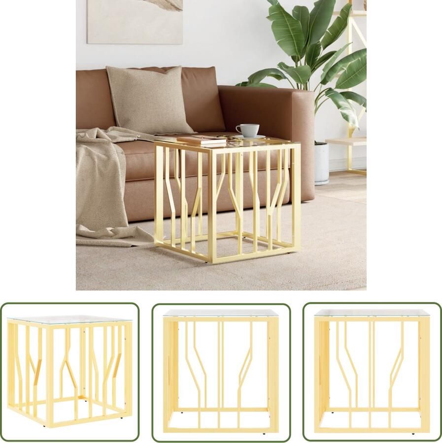 The Living Store Salontafel Goud Roestvrij Staal en Gehard Glas 50 x 50 x 50 cm Modern Ontwerp Salontafel Roestvrijstaal Glazen Tafelblad Gouden Kleur Moderne Stijl - Foto 2
