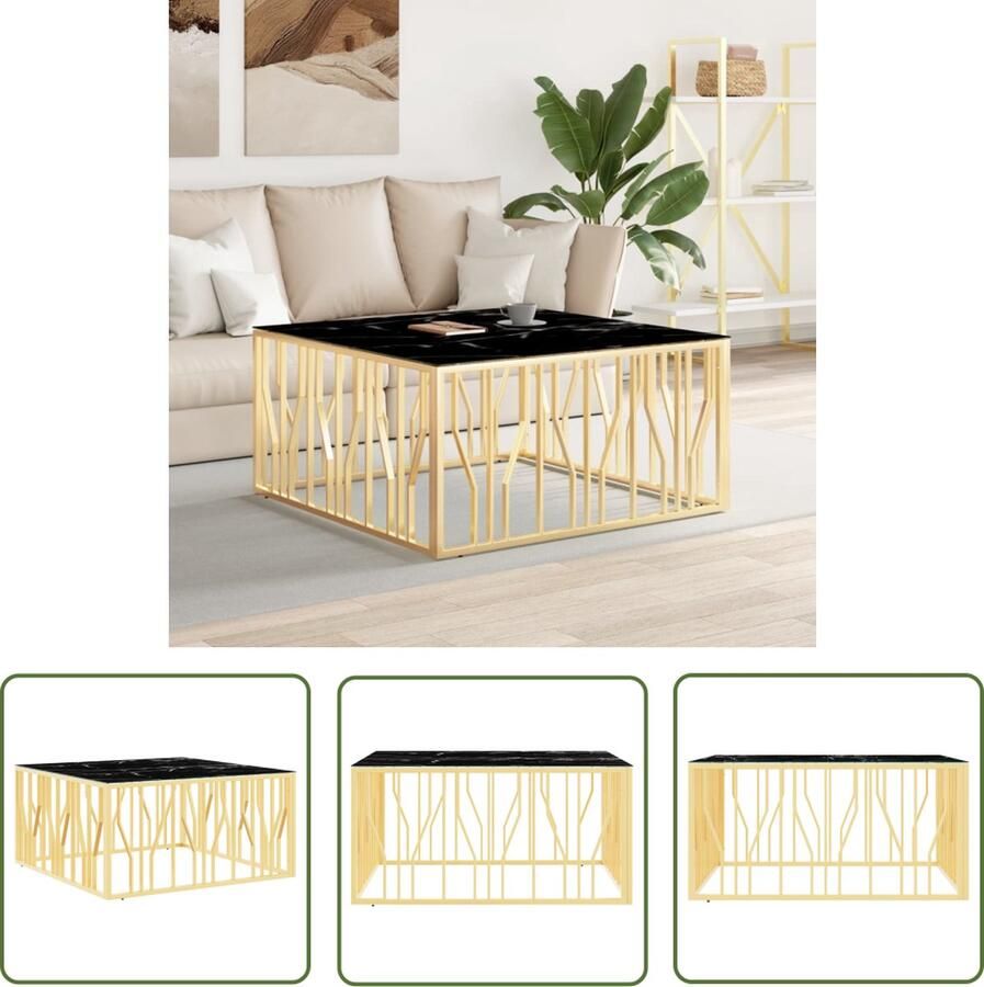 The Living Store Salontafel 100x100x50 cm roestvrij staal en glas goudkleurig Salontafel Marmer Look Gouden Kleur Roestvrijstaal Glazen Tafelblad - Foto 2