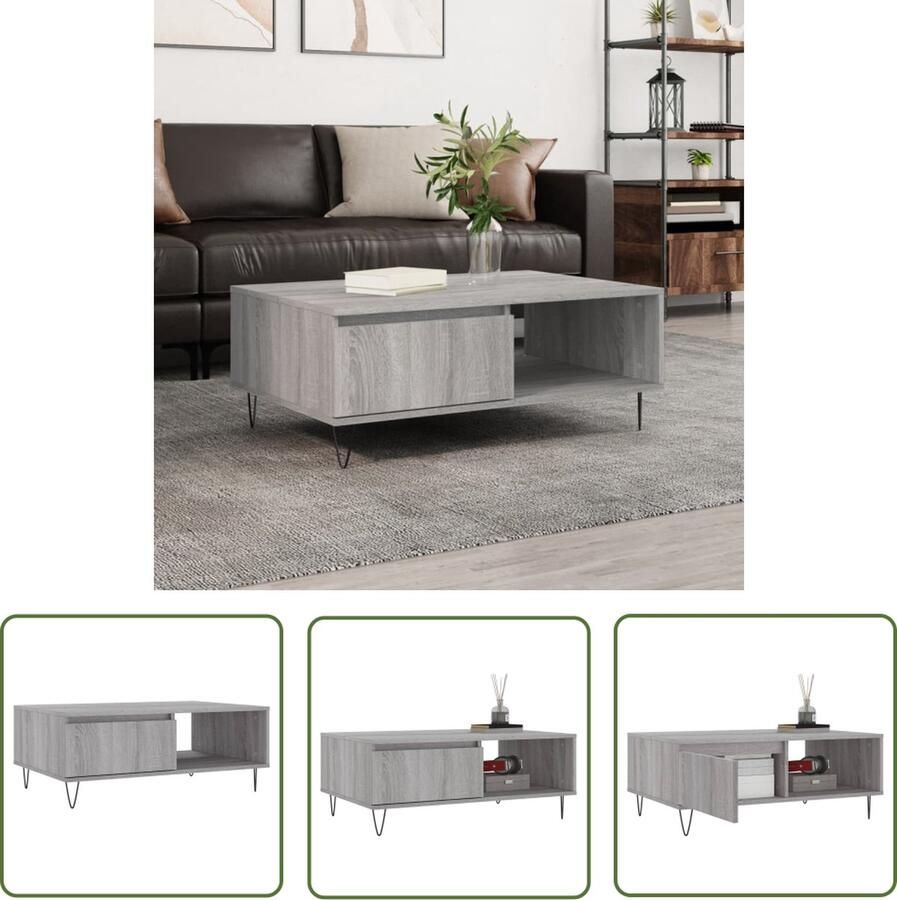 The Living Store Salontafel Grijs Bewerkt hout en ijzer 90 x 60 x 35 cm Met opbergruimte Salontafel Bijzettafel Houten Salontafel Grijze Salontafel Met Opbergruimte - Foto 2