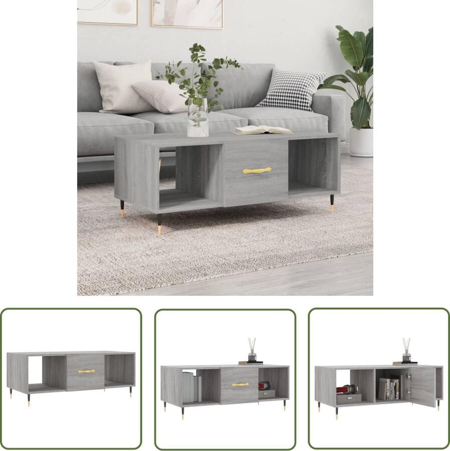 The Living Store Salontafel Grijs Sonoma Eiken 102 x 50 x 40 cm 3 vakken Bewerkt hout en ijzer Salontafel Salontafeltje Houten Salontafel Grijze Salontafel VidaXL Salontafel - Foto 2