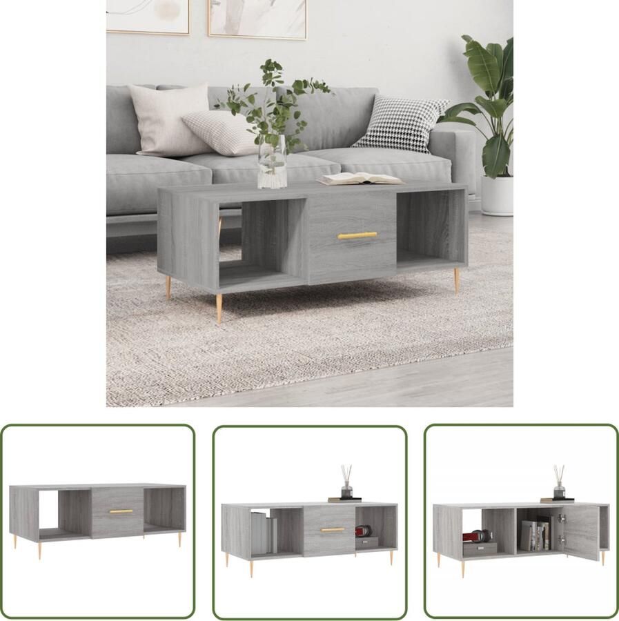 The Living Store Salontafel Grijs Sonoma Eiken 102 x 50 x 40 cm Met 3 vakken en praktische deur Salontafel Bijzettafel Houten Salontafel Grijze Salontafel Met Lade - Foto 2