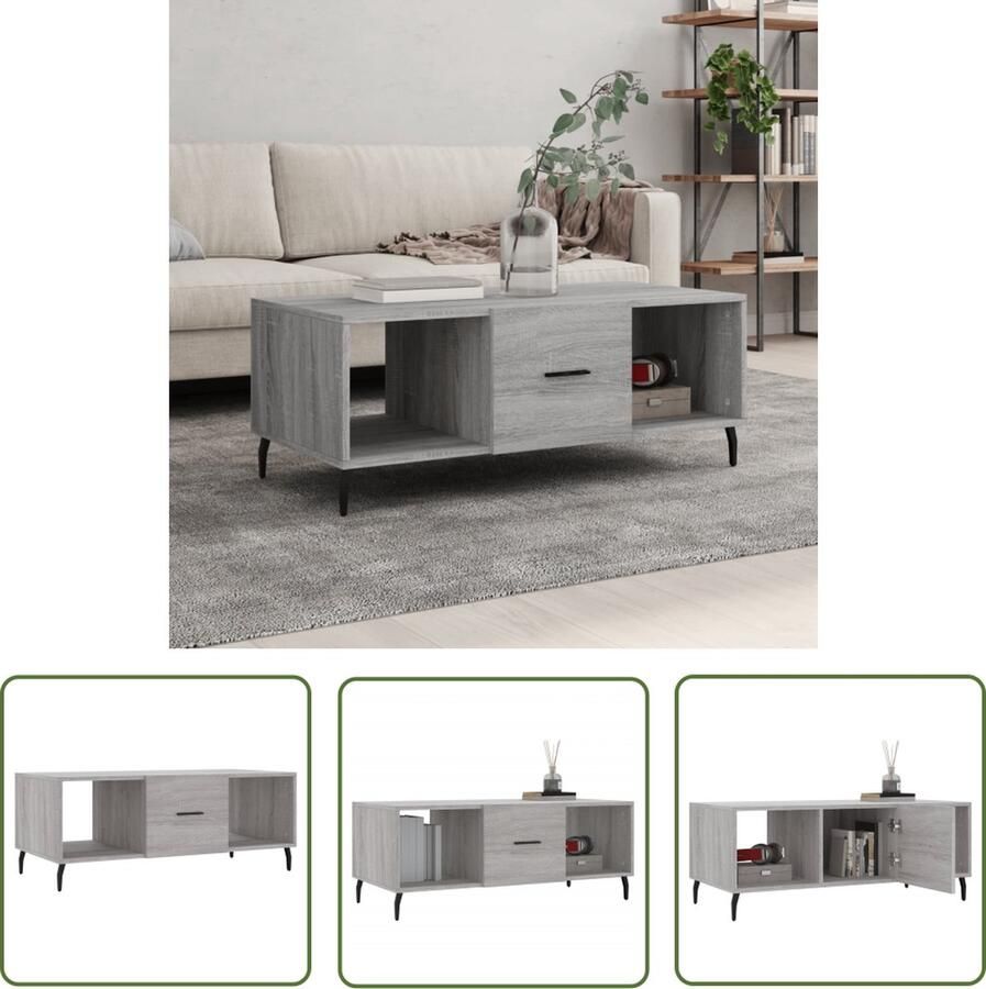 The Living Store Salontafel Grijs Sonoma Eiken 102 x 50 x 40 cm Met 3 Vakken Stevig Tafelblad Praktische Deur en IJzeren Poten Salontafel Houten Salontafel Grijze Salontafel Met Lade Salontafel Met Opbergvak - Foto 3